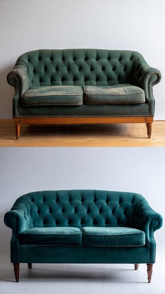 Tufted cream leather sofa after repair in Dubai