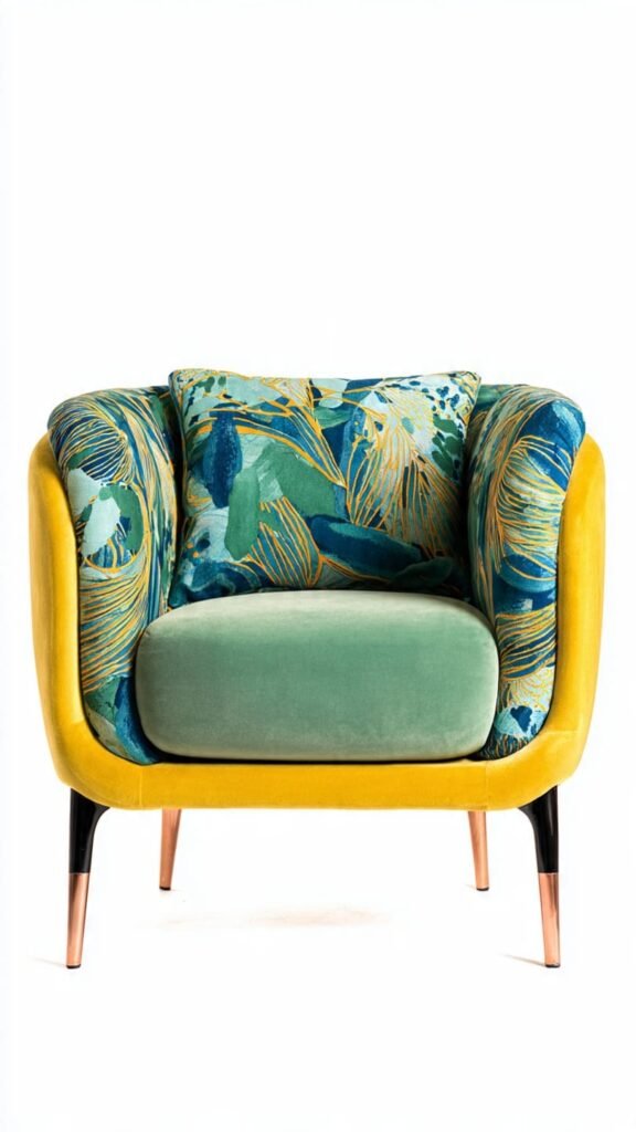 Modern armchair reupholstered with new fabric