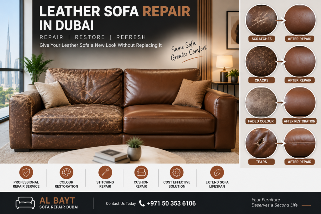 Leather sofa repair in Dubai showing scratches cracks faded colour and tears before and after professional restoration