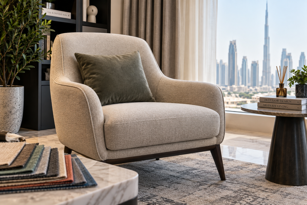Modern upholstered armchair in a contemporary Dubai home