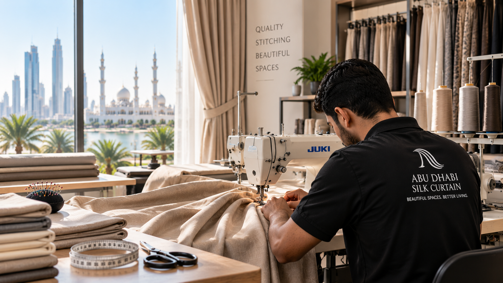 Professional sofa upholstery workshop with craftsmen cutting fabric, stitching and restoring sofas in Dubai