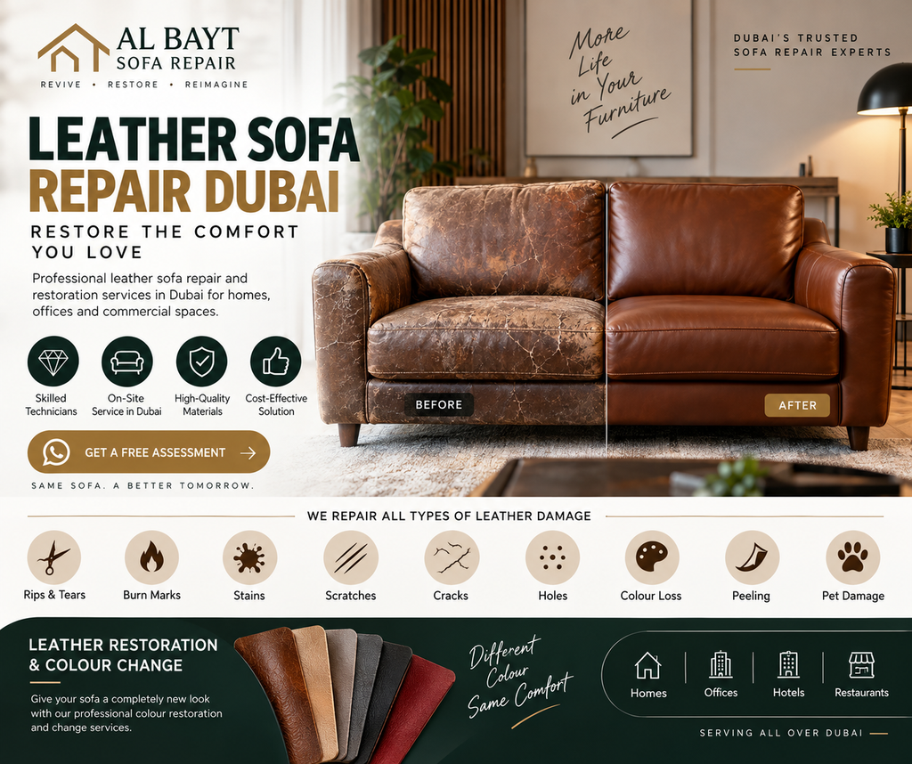 Before and after leather sofa repair and restoration in Dubai