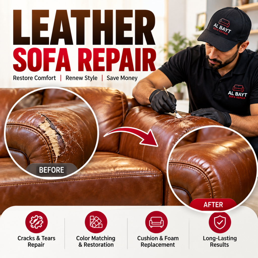 Professional leather sofa repair and restoration service in Dubai, repairing damaged brown leather sofa upholstery.