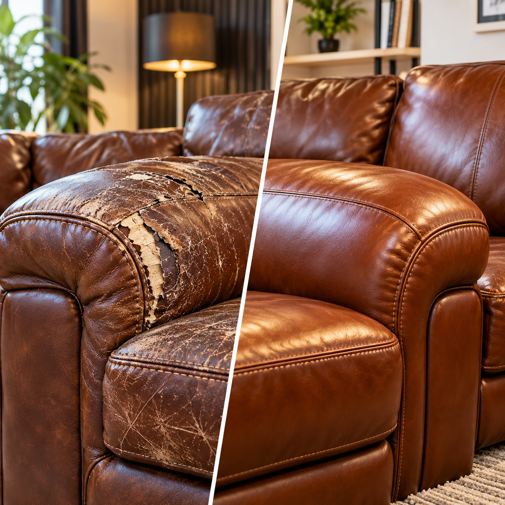 Before and after leather sofa repair showing damaged cracked brown leather restored to smooth, polished upholstery in Dubai.