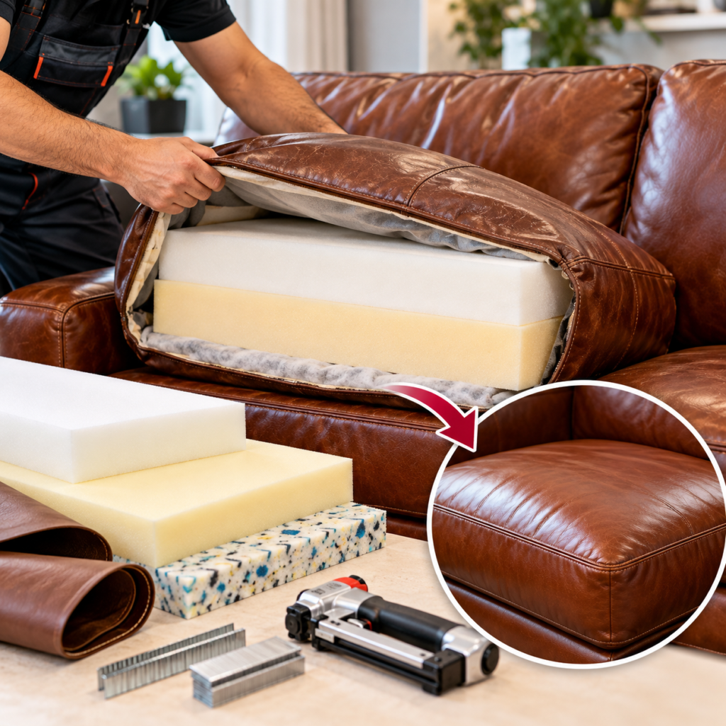 Professional sofa cushion and foam replacement service in Dubai, restoring brown leather sofa comfort with high-density foam.