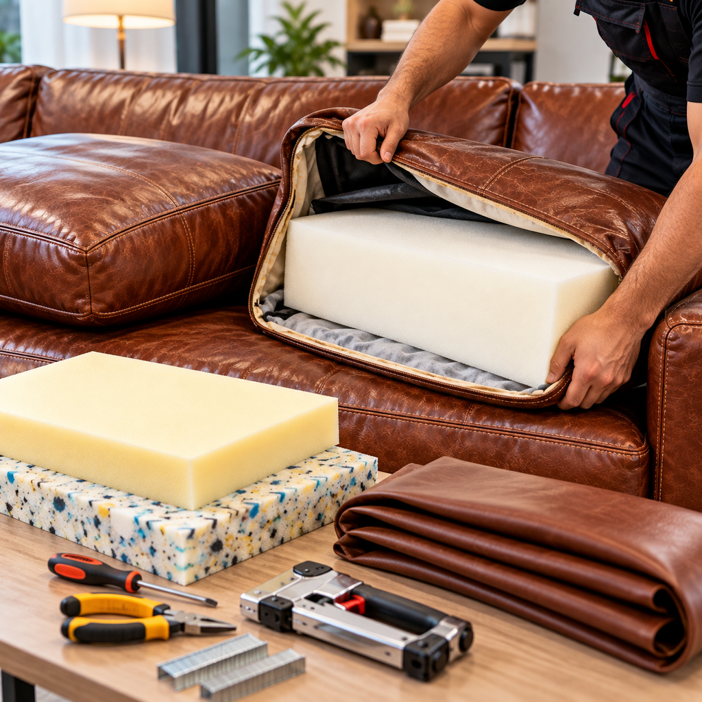Leather sofa cushion repair showing new foam installation, upholstery materials, and professional cushion restoration in Dubai.
