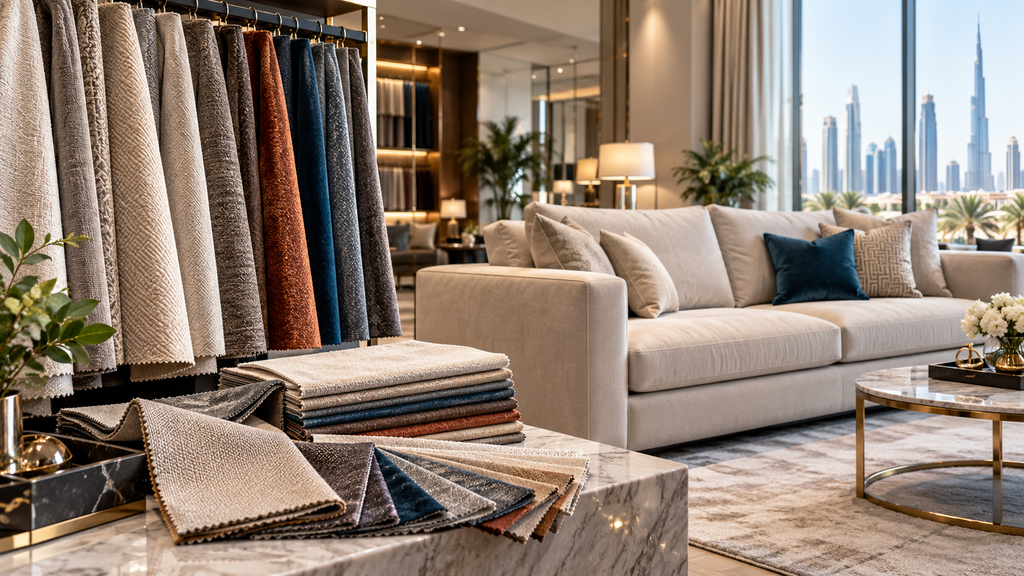 Sofa upholstery fabric samples displayed beside a modern sofa in a Dubai interior showroom