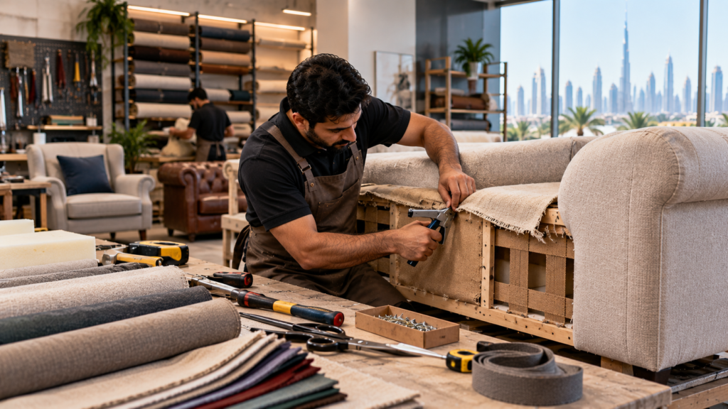 Different sofa upholstery fabrics selected for a custom sofa in Dubai