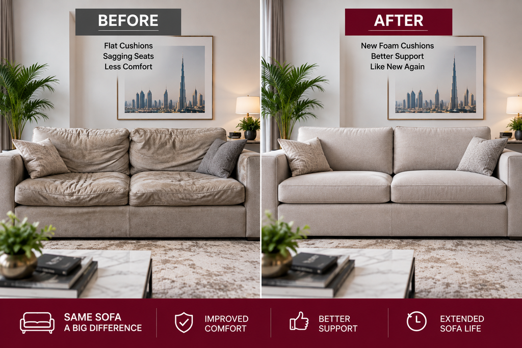 Before and after sofa cushion foam replacement showing improved comfort and support in a Dubai home