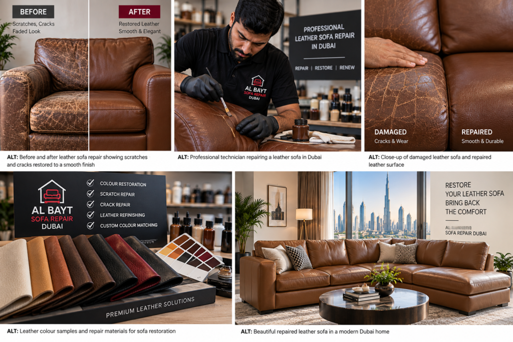 Professional leather sofa repair in Dubai showing damaged leather, colour restoration, scratch and crack repair, and a finished restored sofa